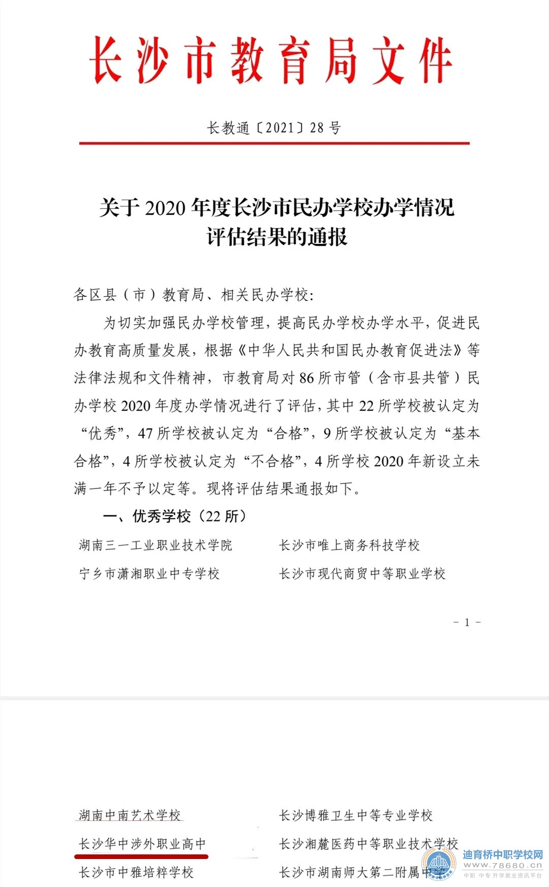 長(zhǎng)沙華中涉外職業(yè)高中在2020年度長(zhǎng)沙市民辦學(xué)校辦學(xué)情況評(píng)估中榮獲優(yōu)秀學(xué)校
